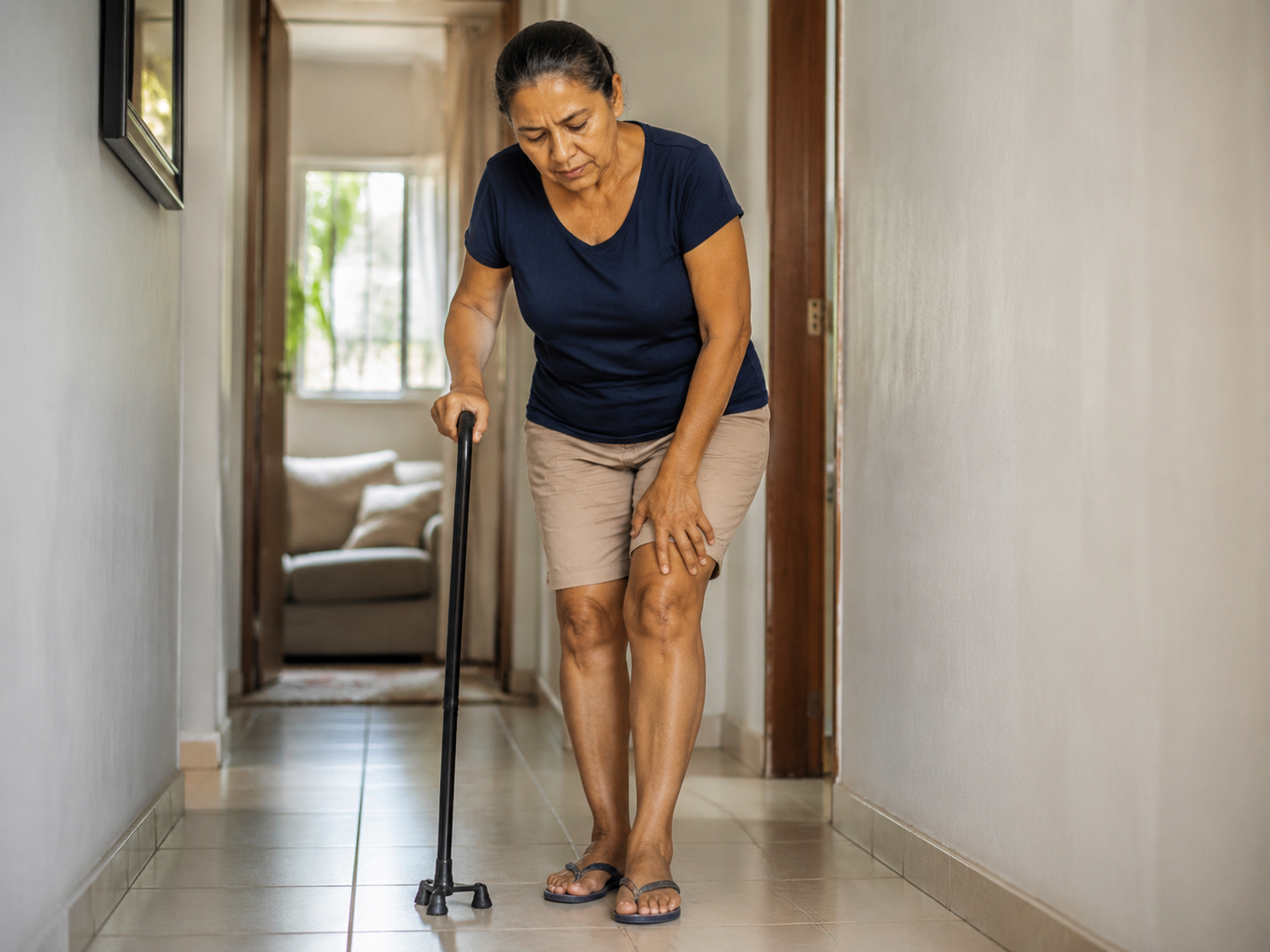 Homem com prótese no joelho apoiado em muleta após cirurgia, ilustrando pedido de benefício por incapacidade no INSS