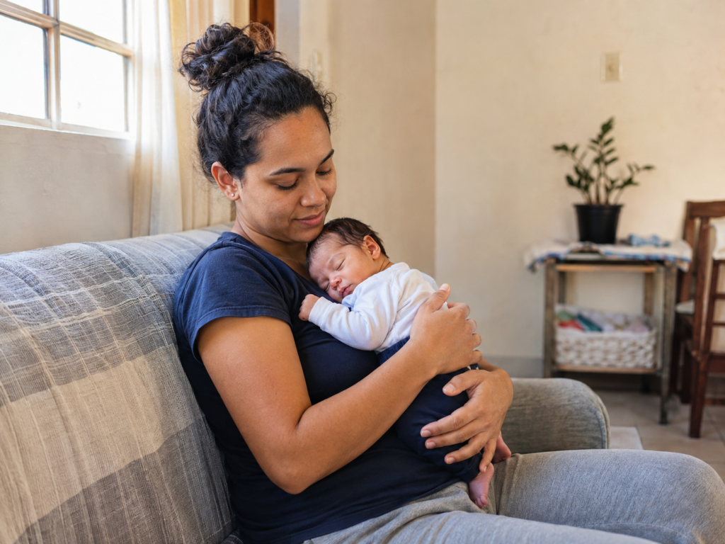 Mãe com bebê recém-nascido no colo, representando o salário-maternidade com apenas uma contribuição ao INSS
