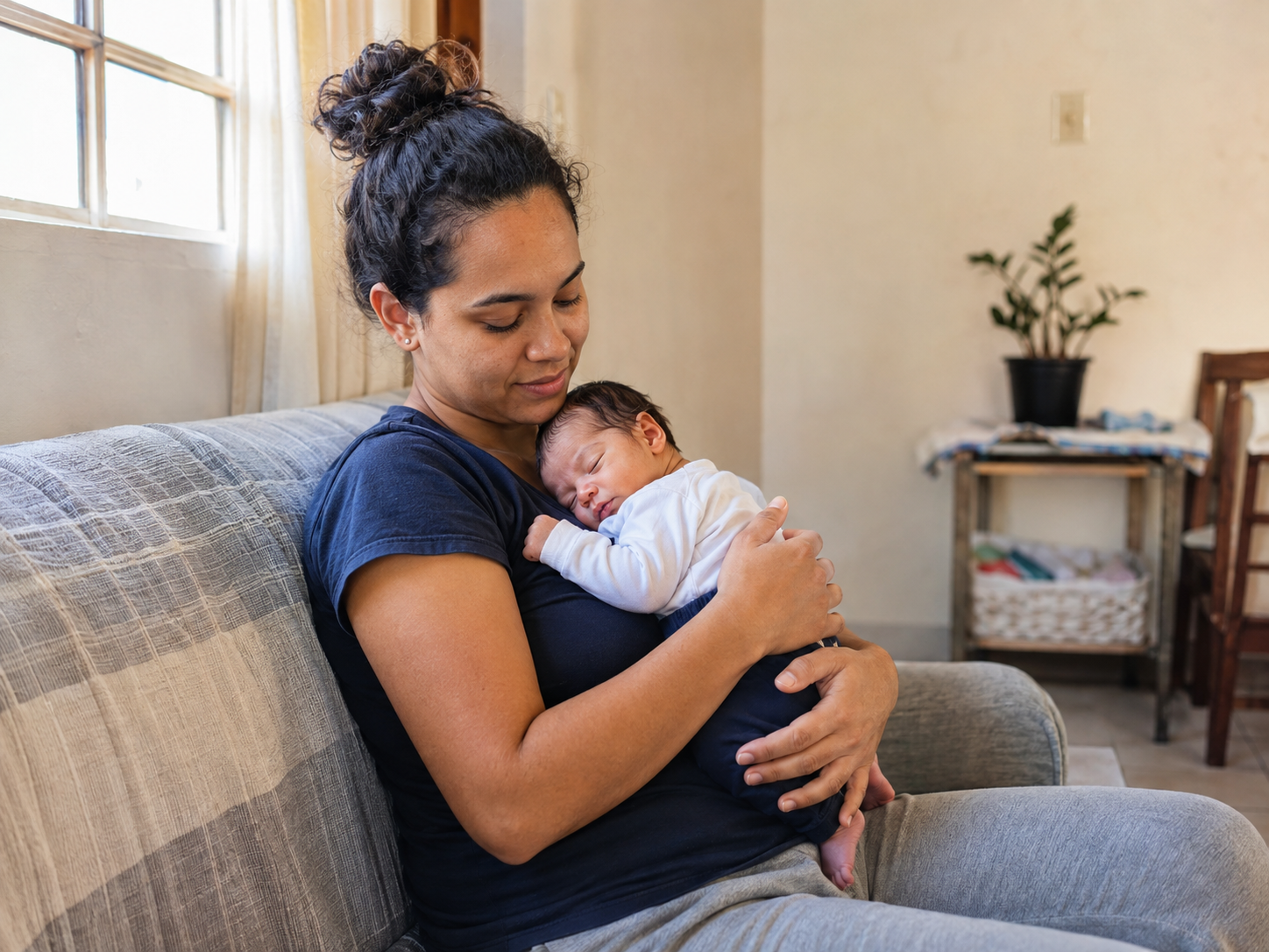 Mãe com bebê recém-nascido no colo, representando o salário-maternidade com apenas uma contribuição ao INSS